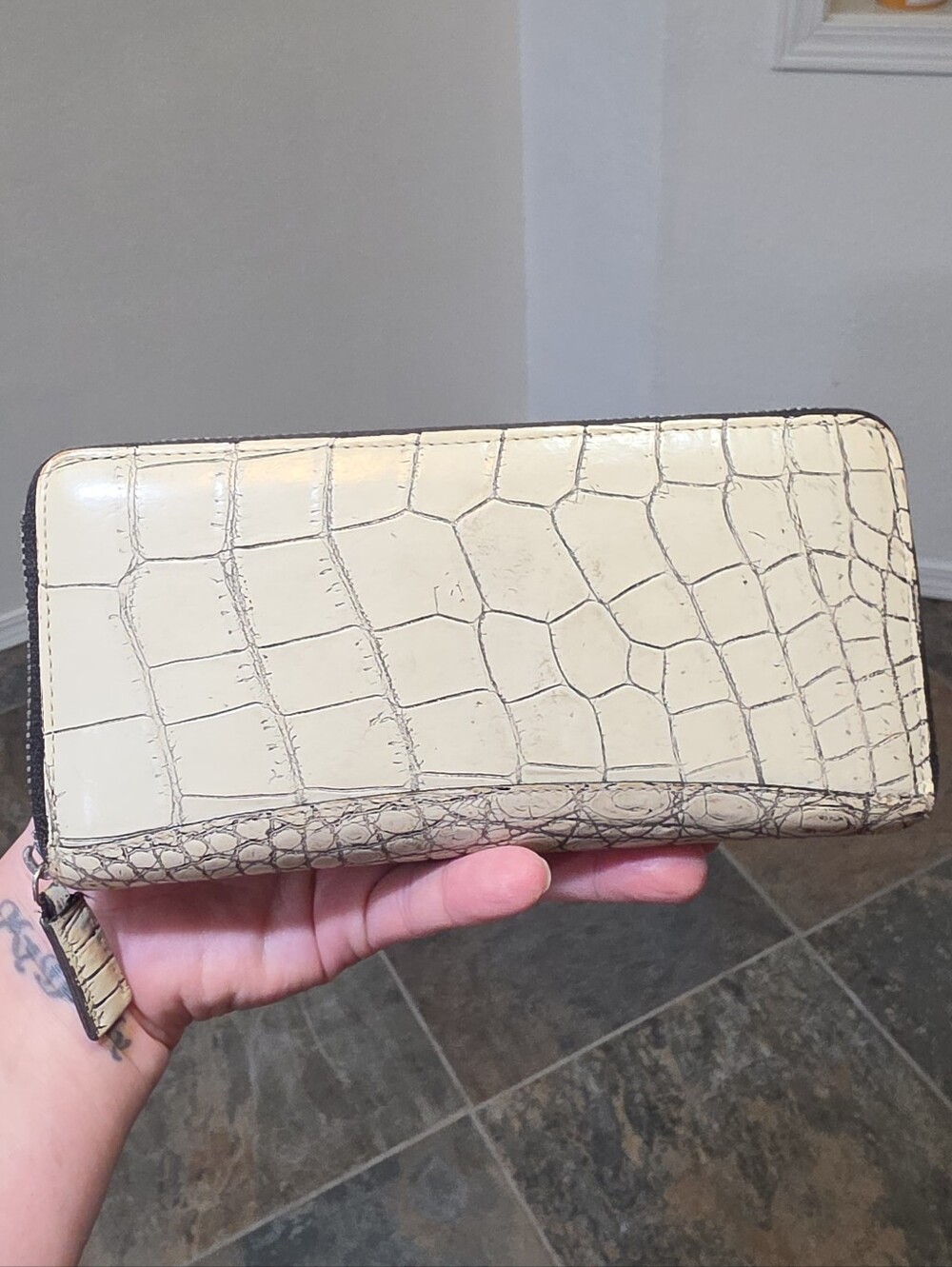 Cream Crocodile Embossed Zip Around Long Wallet